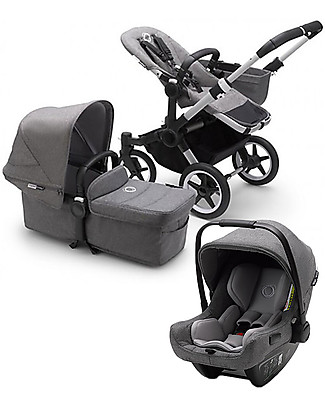 Bugaboo Trio Passeggino Donkey 3 Grigio Mélange con Navicella e Seggiolino Auto Grigio Turtle Air Grigio Mélange Accessori