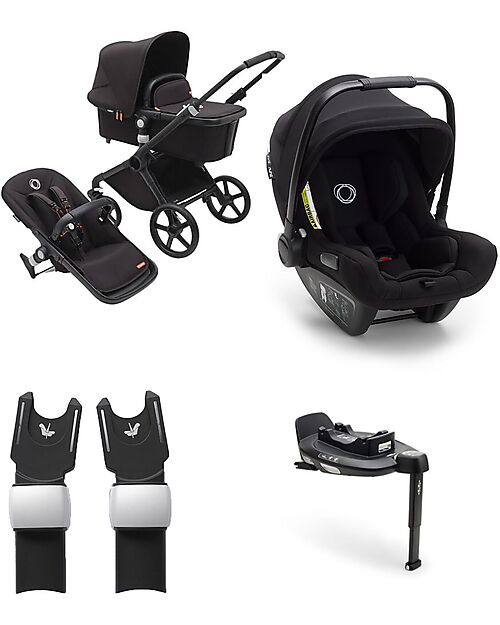 Bugaboo Trio Passeggino Fox Cub + Navicella - Black Midnight - Seggiolino Auto Turtle Air + Base Isofix Passeggini Trio e Duo