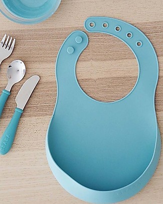 Béaba Bavaglino Impermeabile con Tasca Raccogli Cibo - Silicone - Azzurro Bavagli Impermeabili