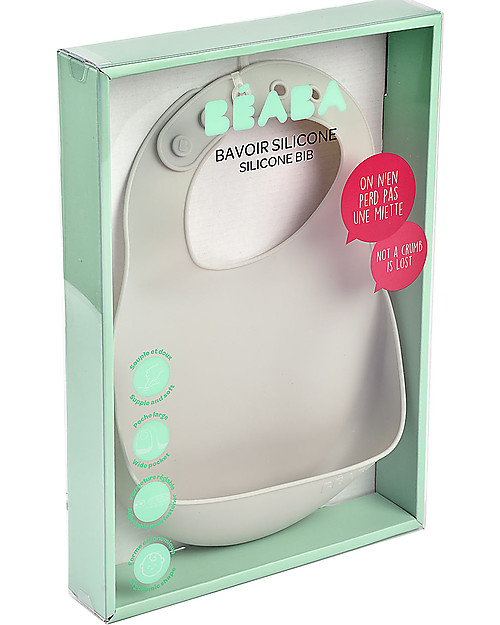 Béaba Bavaglino Impermeabile con Tasca Raccogli Cibo - Silicone - Grigio Bavagli Impermeabili con Tasca