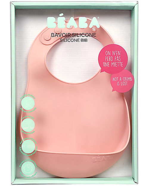 Béaba Bavaglino Impermeabile con Tasca Raccogli Cibo - Silicone - Rosa Bavagli Impermeabili con Tasca