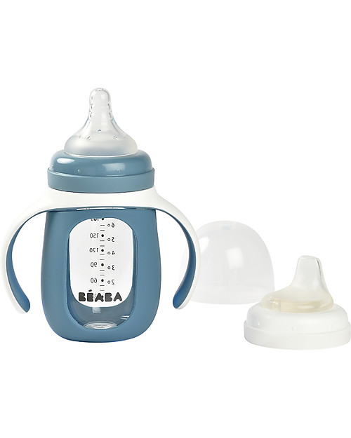 Béaba Biberon da Apprendimento 2in1 - 210 ml - Blu Marino - Vetro e Silicone - Incoraggia il tuo Bambino all'Indipendenza Biberon_