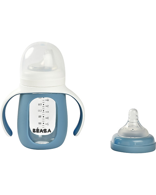 Béaba Biberon da Apprendimento 2in1 - 210 ml - Blu Marino - Vetro e Silicone - Incoraggia il tuo Bambino all'Indipendenza Biberon_