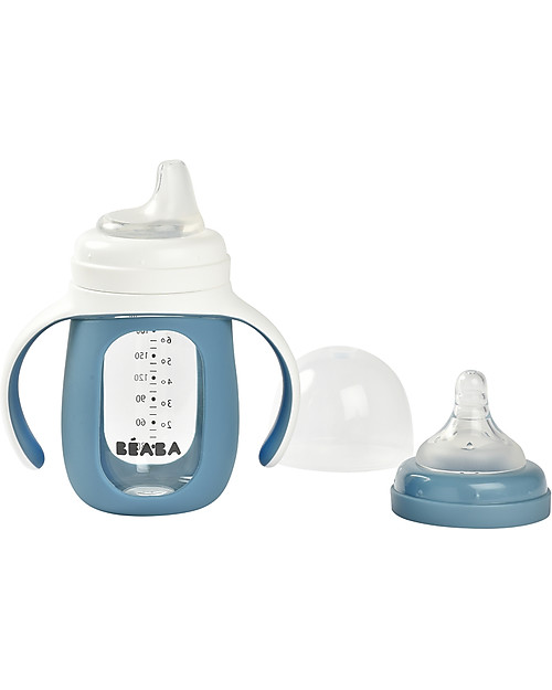 Béaba Biberon da Apprendimento 2in1 - 210 ml - Blu Marino - Vetro e Silicone - Incoraggia il tuo Bambino all'Indipendenza Biberon_