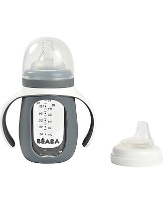 Béaba Biberon da Apprendimento 2in1 - 210 ml - Grigio - Vetro e Silicone - Incoraggia il tuo Bambino all'Indipendenza Biberon_