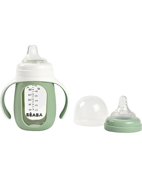 Béaba Biberon da Apprendimento 2in1 - 210 ml - Verde Salvia - Vetro e Silicone - Incoraggia il tuo Bambino all'Indipendenza Biberon_