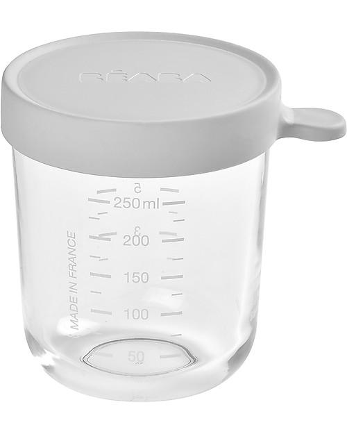 Béaba Contenitore Graduato in Vetro di Alta Qualità con Tappo Ermetico - Grigio - 250 ml Contenitori per Alimenti