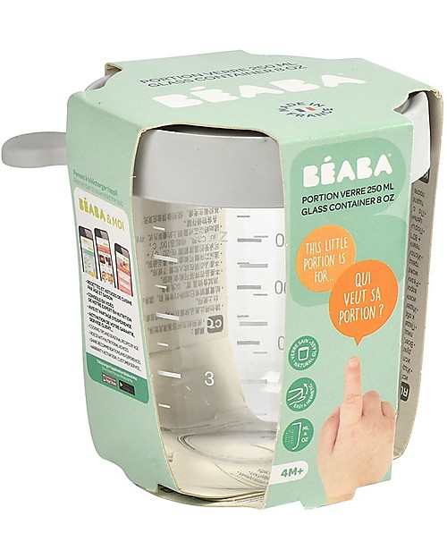 Béaba Contenitore Graduato in Vetro di Alta Qualità con Tappo Ermetico - Grigio - 250 ml Contenitori per Alimenti