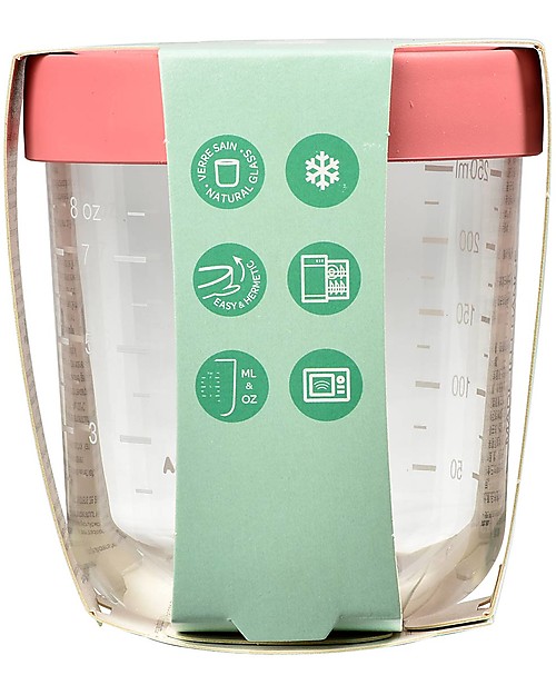 Béaba Contenitore Graduato in Vetro di Alta Qualità con Tappo Ermetico - Rosa - 250 ml Contenitori per Alimenti