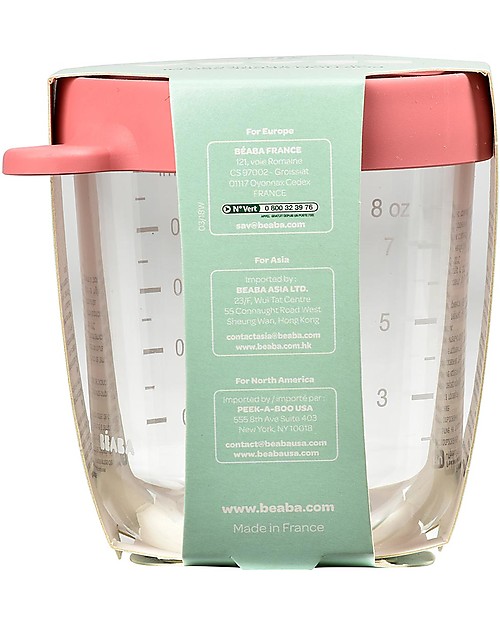 Béaba Contenitore Graduato in Vetro di Alta Qualità con Tappo Ermetico - Rosa - 250 ml Contenitori per Alimenti