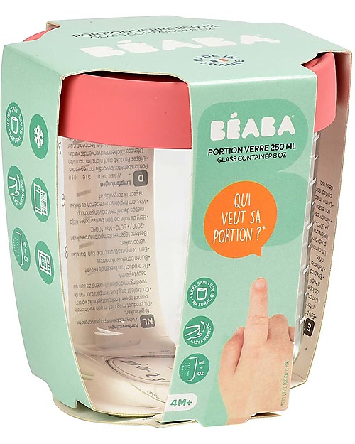 Béaba Contenitore Graduato in Vetro di Alta Qualità con Tappo Ermetico - Rosa - 250 ml Contenitori per Alimenti