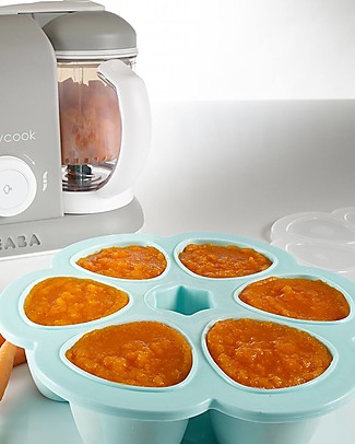 Béaba Contenitore Multiporzione in Silicone - Blu - 6x150 ml - Perfetto per Risparmiare Tempo Contenitori Latte e Snack