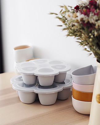 Béaba Contenitore Multiporzione in Silicone - Grigio - 6x150 ml - Perfetto per Risparmiare Tempo Contenitori Latte e Snack