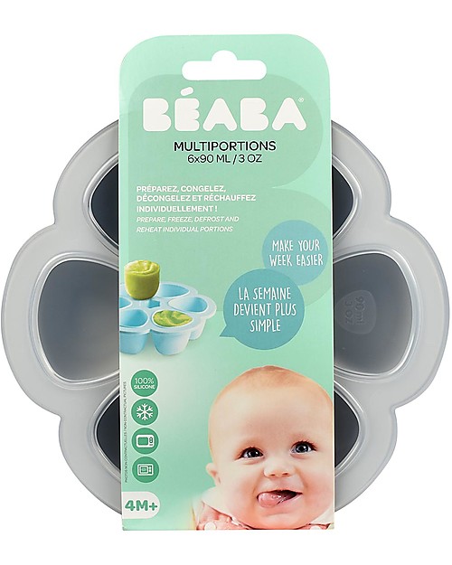 Béaba Contenitore Multiporzione in Silicone - Grigio - 6x90 ml - Perfetto per Risparmiare Tempo Contenitori per Alimenti