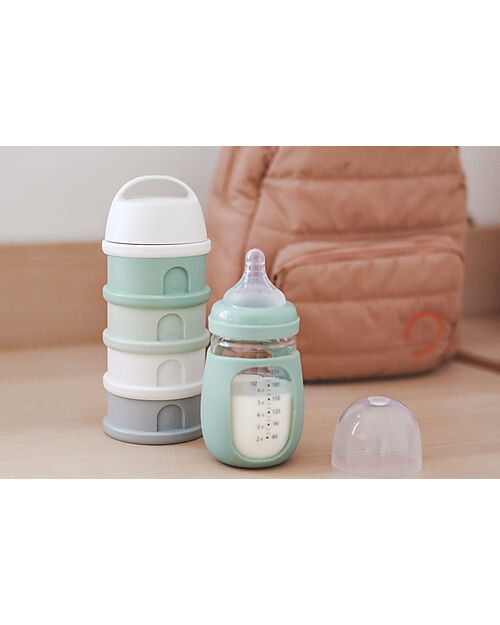 Béaba Contenitore per Latte in Polvere o Snack Impilabili - Bianco/Grigio/Verde - Con 4 Scomparti Ermetici Contenitori per Alimenti