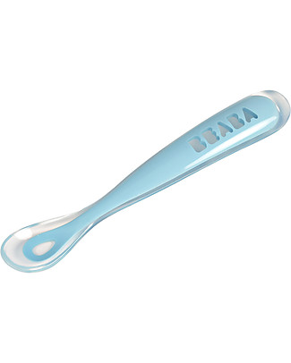 Béaba Cucchiaio Ergonomico Prime Pappe - Silicone - Blu - Maneggevole per gli Adulti e Delicato per i Bambini Posate