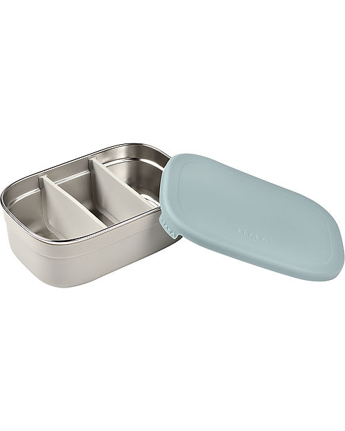 Béaba Porta Pranzo a Scomparti - Grigio e Azzurro - Acciaio Inossidabile e Silicone Porta Merenda