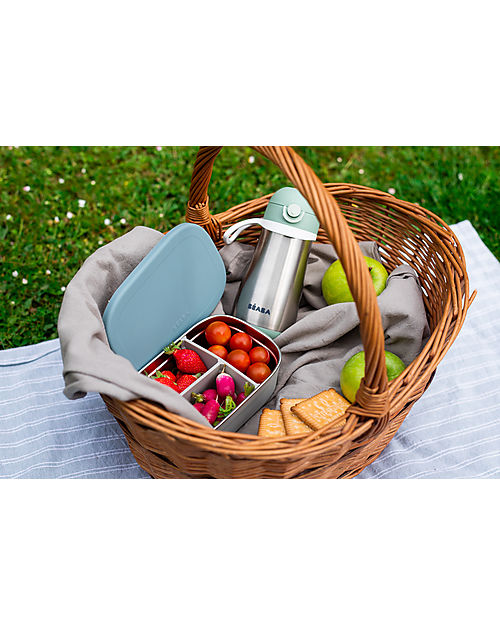 Béaba Porta Pranzo a Scomparti - Grigio e Azzurro - Acciaio Inossidabile e Silicone Porta Merenda