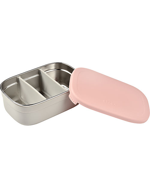 Béaba Porta Pranzo a Scomparti - Grigio e Rosa - Acciaio Inossidabile e Silicone Porta Merenda