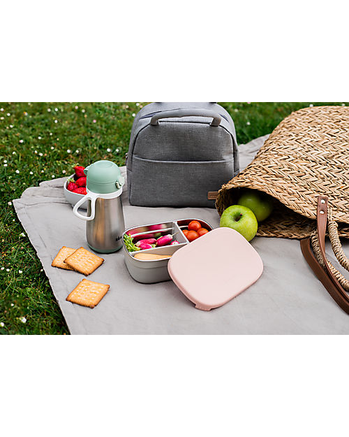 Béaba Porta Pranzo a Scomparti - Grigio e Rosa - Acciaio Inossidabile e Silicone Porta Merenda