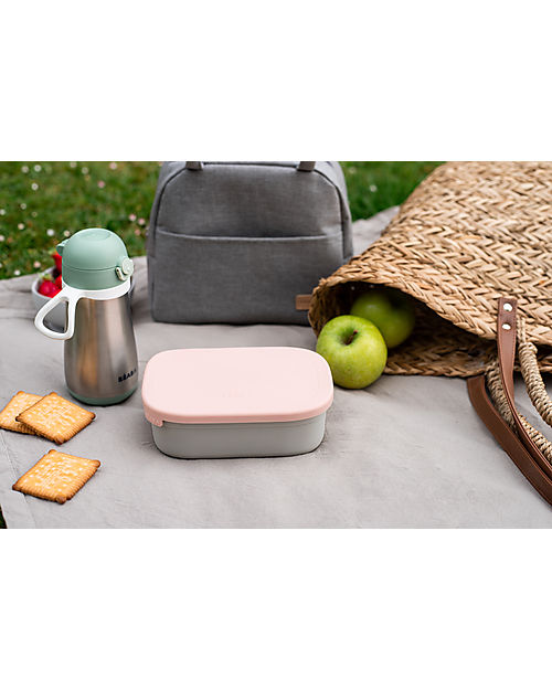 Béaba Porta Pranzo a Scomparti - Grigio e Rosa - Acciaio Inossidabile e Silicone Porta Merenda