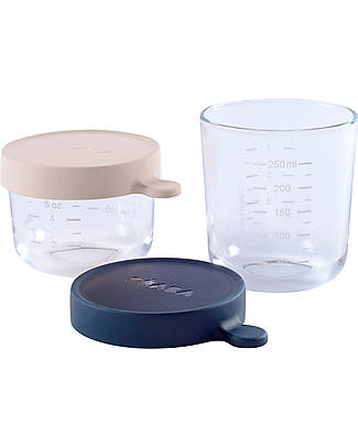 Béaba Set 2 Contenitori Graduati in Vetro di Alta Qualità con Tappo Ermetico - 150ml Rosa + 250ml Blu Scuro Contenitori per Alimenti