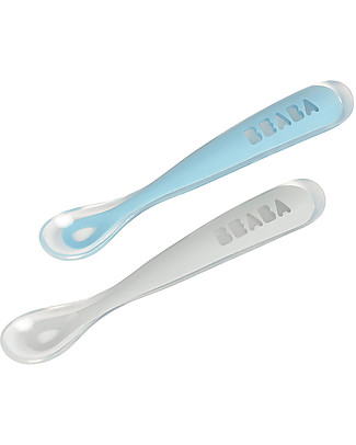 Béaba Set 2 Cucchiai Ergonomici Prime Pappe con Custodia - Silicone - Blu - Maneggevole per gli Adulti e Delicato per i Bambini Posate e Bacchette