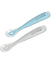 Béaba Set 2 Cucchiai Ergonomici Prime Pappe con Custodia - Silicone - Blu - Maneggevole per gli Adulti e Delicato per i Bambini Posate