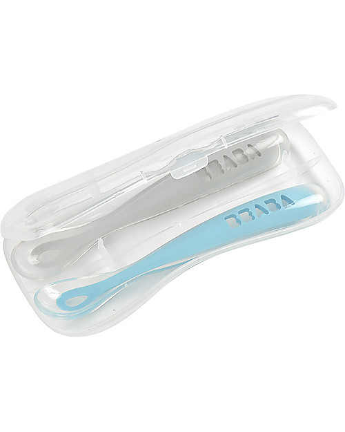 Béaba Set 2 Cucchiai Ergonomici Prime Pappe con Custodia - Silicone - Blu - Maneggevole per gli Adulti e Delicato per i Bambini Posate