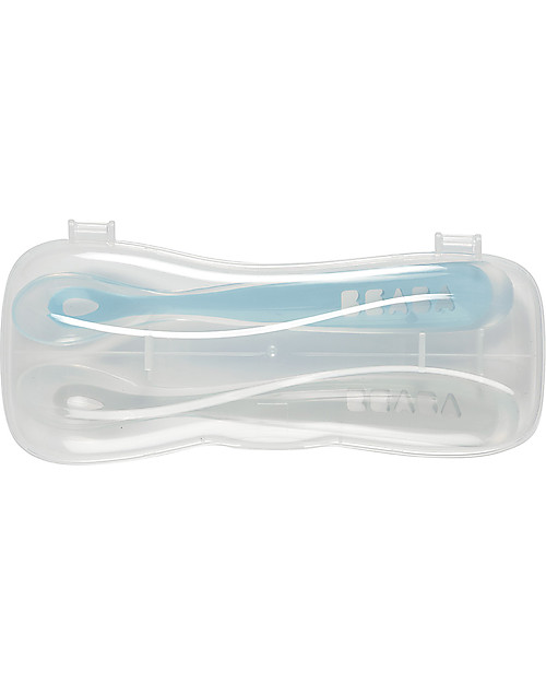 Béaba Set 2 Cucchiai Ergonomici Prime Pappe con Custodia - Silicone - Blu - Maneggevole per gli Adulti e Delicato per i Bambini Posate