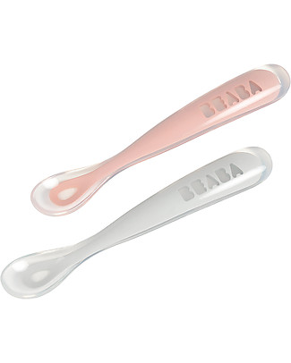 Béaba Set 2 Cucchiai Ergonomici Prime Pappe con Custodia - Silicone - Rosa - Maneggevole per gli Adulti e Delicato per i Bambini Posate e Bacchette