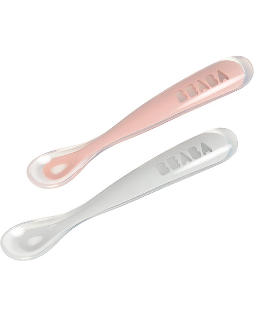 Béaba Set 2 Cucchiai Ergonomici Prime Pappe con Custodia - Silicone - Rosa - Maneggevole per gli Adulti e Delicato per i Bambini Posate