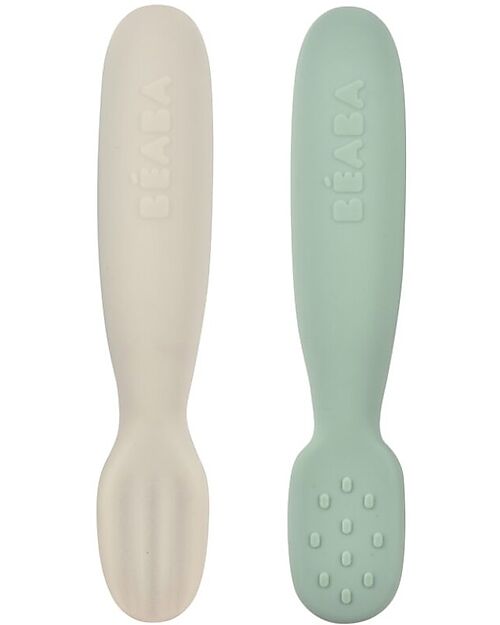Béaba Set 2 Posate Prime pappe - Salvia e Grigio - Silicone Posate