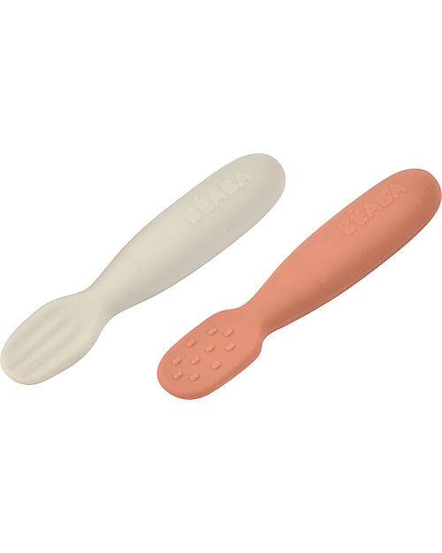 Béaba Set 2 Posate Prime pappe - Terracotta e Grigio - Silicone Posate