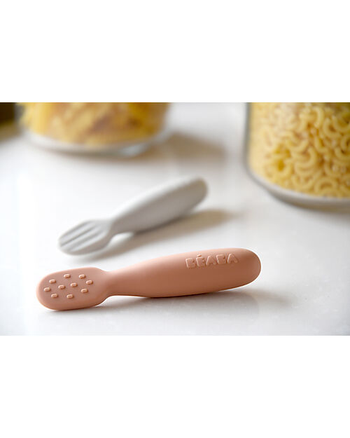 Béaba Set 2 Posate Prime pappe - Terracotta e Grigio - Silicone Posate