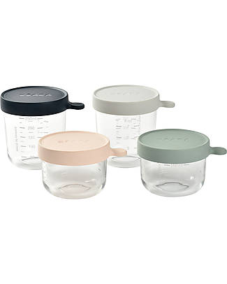 Béaba Set 4 Contenitori in Vetro di Alta Qualità con Tappo Ermetico - 150ml Rosa + 150ml Eucalipto + 250ml Nebbia + 250ml Blu Scuro Contenitori per Alimenti