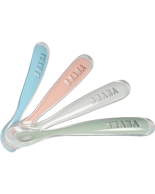 Béaba Set 4 Cucchiai Ergonomici Prime Pappe - Silicone - Eucalipto - Maneggevole per gli Adulti e Delicato per i Bambini Posate