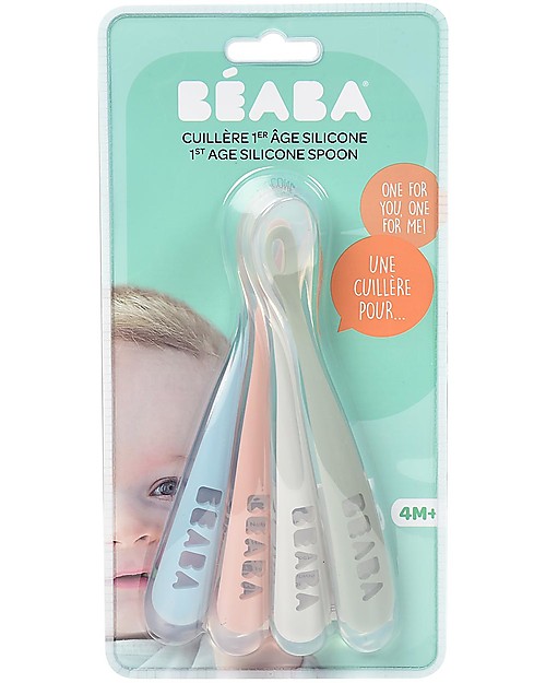 Béaba Set 4 Cucchiai Ergonomici Prime Pappe - Silicone - Eucalipto - Maneggevole per gli Adulti e Delicato per i Bambini Posate