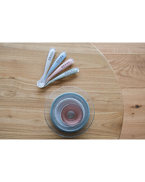 Béaba Set 4 Cucchiai Ergonomici Prime Pappe - Silicone - Eucalipto - Maneggevole per gli Adulti e Delicato per i Bambini Posate