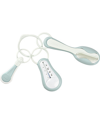 Béaba Set Accessori per l'Igiene del Bambino - Verde - Termometro da bagno + Tagliaunghie + Spazzola e Pettine 2in1 Kit Toilette Neonato