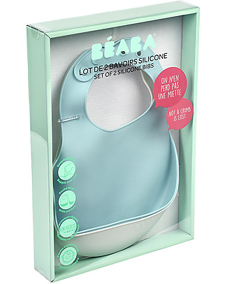 Béaba Set con 2 Bavaglini Impermeabili con Tasca Raccogli Cibo - Silicone - Grigio e Azzurro Bavagli Impermeabili
