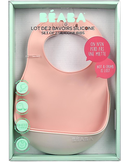 Béaba Set con 2 Bavaglini Impermeabili con Tasca Raccogli Cibo - Silicone - Grigio e Rosa Bavagli Impermeabili con Tasca