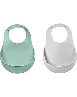 Béaba Set con 2 Bavaglini Impermeabili con Tasca Raccogli Cibo - Silicone Light Mist e Verde Salvia Bavagli Impermeabili con Tasca