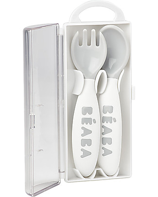 Béaba Set con Forchetta e Cucchiaio Ergonomici da Apprendimento - Grigio - da 8 Mesi Posate e Bacchette