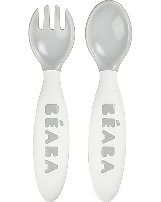 Béaba Set con Forchetta e Cucchiaio Ergonomici da Apprendimento - Grigio - da 8 Mesi Posate