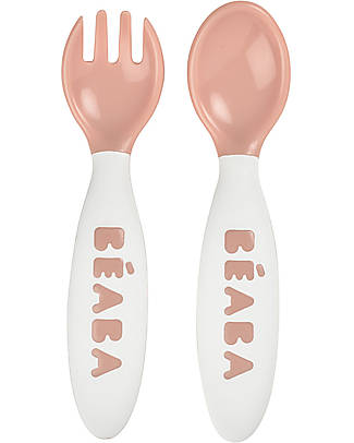 Béaba Set con Forchetta e Cucchiaio Ergonomici da Apprendimento - Rosa - da 8 Mesi Posate