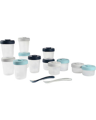 Béaba Set di 12 Contenitori per Alimenti + 2 Cucchiai in Silicone - 6x250 ml+ 4x150 ml + 2x90 ml - Blu/Azzurro/Grigio Contenitori per Alimenti