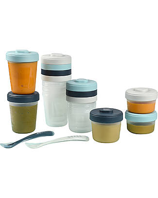 Béaba Set di 12 Contenitori per Alimenti + 2 Cucchiai in Silicone - 6x250 ml+ 4x150 ml + 2x90 ml - Blu/Azzurro/Grigio Contenitori per Alimenti
