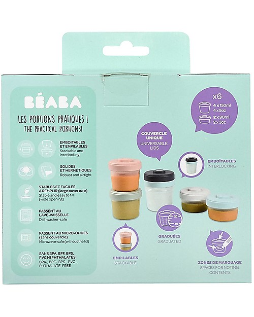 Béaba Set di 6 Contenitori per Alimenti - 2 da 90 ml + 4 da 150 ml - Pratici e Impilabili Contenitori per Alimenti