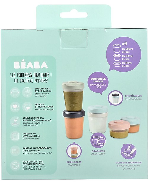 Béaba Set di 6 Contenitori per Alimenti - 2x90 ml + 2x150 ml + 2x250 ml - Pratici e Impilabili Contenitori per Alimenti